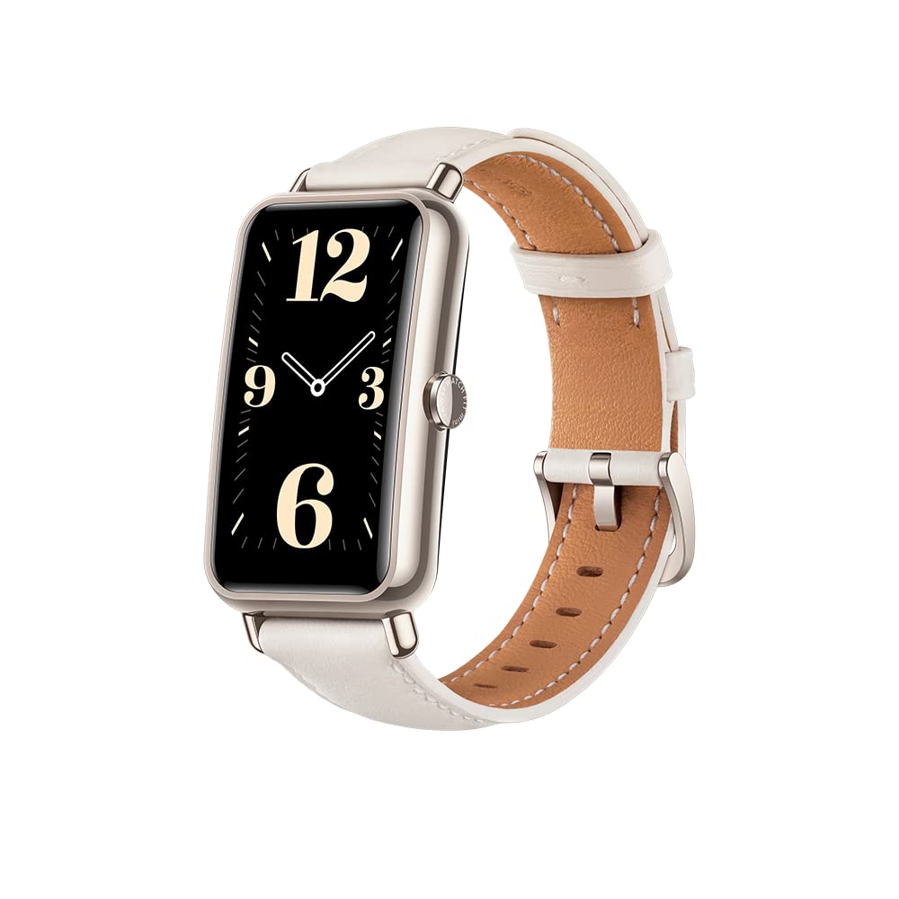 HUAWEIWatch Fit Mini Smartwatch, 1.47" Rectangle AMOLED Display,70% Screen to body Ratio,2 Week Battery Life,All Day SpO2 Monitoring, Leather Strap,extra 3 Month Warranty,Frosty White, Adjustable