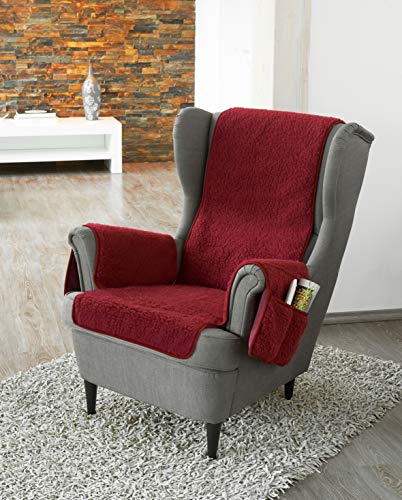 Schurwoll-Sesselschoner mit Armlehnenschoner, Bordeaux, Flor aus 100% Schurwolle, Mittelteil ca. 160 x 50 cm, Armlehnenschoner ca. 60 x 40 cm