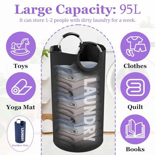 Image of 2Pcs 95L Collapsible Laundry Basket for Men, Tall Laundry Basket with Handles, Dirty Clothes Hamper in 600D Oxford Fabric, Freestanding Clothes Hampers for Bedroom, Dorm, Navy Blue + Black