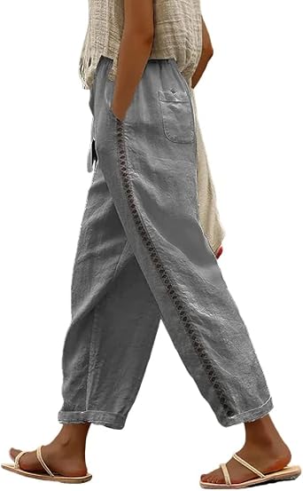 DMOYALA Grey Linen Pants for Women High Waist Dress Pants Womens Summer Lightweight Pants with Pockets Casual Wide Leg Beach Pants S