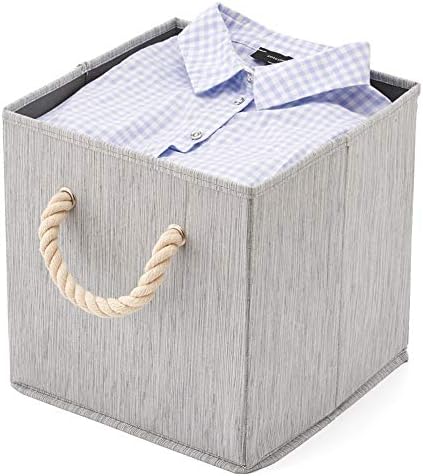 EZOWare Set of 4 Fabric Bamboo Fabric Storage Basket Bins with Cotton Rope Handle, Foldable Organiser Cube Boxes for Nursery Baby Kids Room Toys Home Shelving  28x28x28 cm /Bamboo Gray