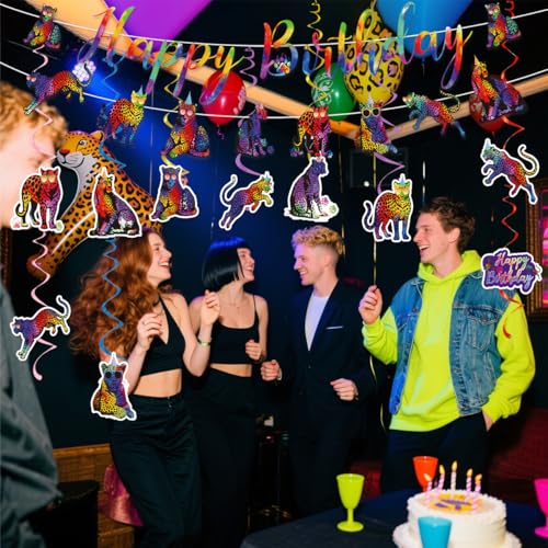 Image of Cheetah Print Birthday Decorations Include Neon Cheetah Happy Birthday Banners Hanging Swirls Jungle Rainbow Leopard Themed Birthday Party Supplies