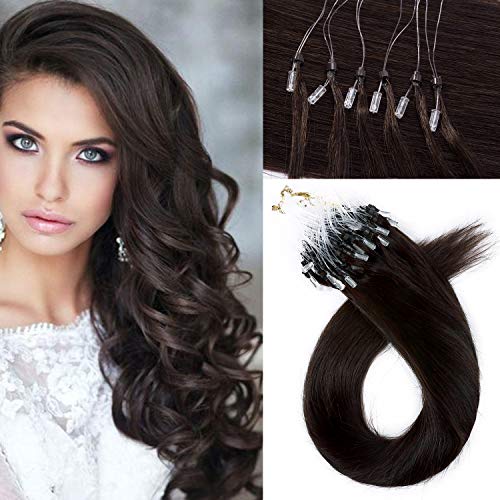 S-noilite 20Inch Loop Hair Extensions Human Hair Micro Bead Links 50g 50strands Silky Straight Remy Hairpieces Pre Bonded Tipped Cold Fusion Microloop Brazilian Hair Dark Brown