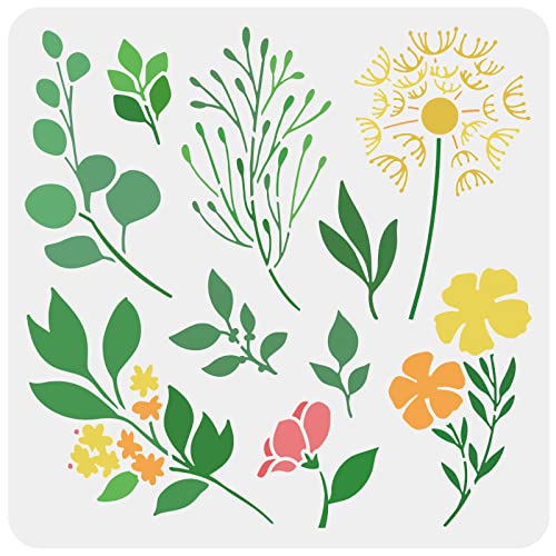 FINGERINSPIRE Pochoir de Fleurs de Printemps 30x30cm Pochoirs de Feuilles Florissantes Plantes de Fleurs Sauvages Pochoir Motif de Pissenlit Modèle pour Peinture sur Mur, Bois, Meubles et Papier