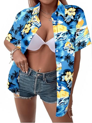 Image of ASTANFY Hawaiian Shirt Women Hawaii T-Shirt Tropical Floral Printed V Neck Shirts Soft Cool Summer Beach Button Up Blouse