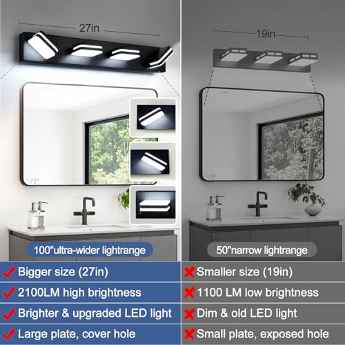Image of Torondo 360 Rotate LED Bathroom Vanity Light Fixtures, Acrylic Vanity Lights for Bathroom, Modern Wall Lighting Fixtures Over Mirror Living, Matte Black, Natural White, 4-Light, 27-Inch