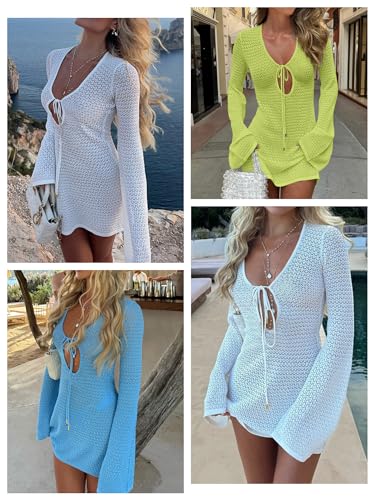 Image of ANRABESS Women's Crochet Swimsuit Cover Up, V Neck Mesh Knit Beach Dress, Long Sleeve Summer Vacation Beachwear