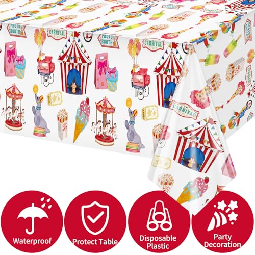 Image of Hxezoc 3 Pack Circus Party Tablecloths, 54 x 108 Inch Disposable Plastic Carnival Table Cover for Carnival Birthday Party Decorations Outdoor Indoor Supplies