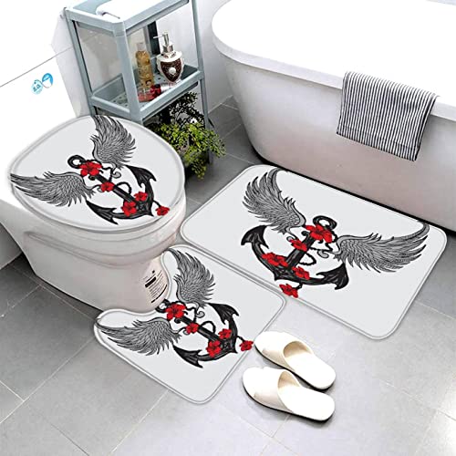 Zifarm Badematte rutschfeste 50x80 cm Anker Badvorleger-Set 3D Drucken Blumen Flügel Nautisch Mikrofaser Flanell… – Bild 6