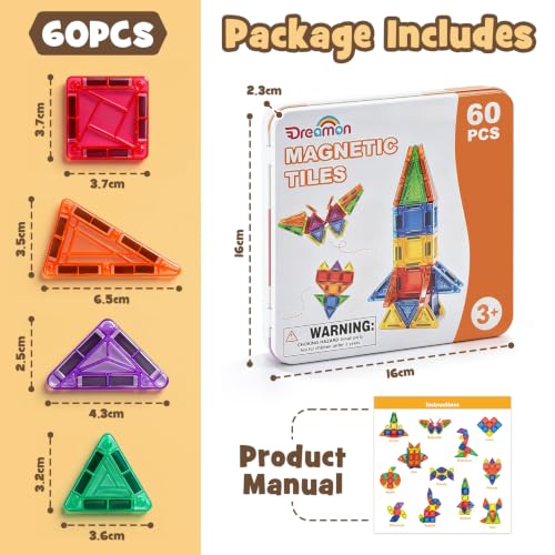Dreamon 60PCS Mini Magnetische Bausteine Magnetbausteine Kinder Reiseset ab 3 4 5 6 Jahre Junge Mädchen Weihnachten STEM Magnetic Blocks – Ansicht 3