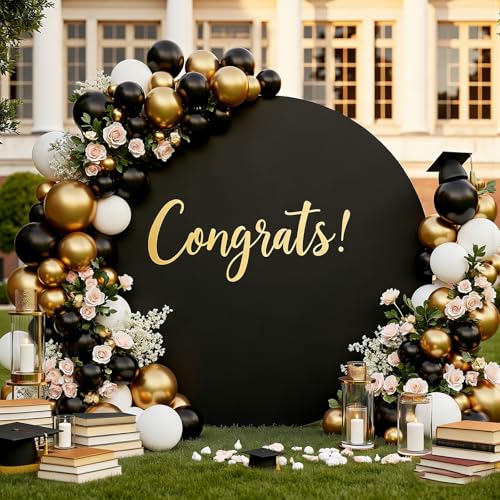 Gallety 7.2FT Black Round Backdrop Cover with Size Adjuster & 4 Metal Clips, Universal Fit for 5ft-7.2ft Circle Stand, Polyester Fabric Arch Cover for Wedding, Birthday Party, Videos, Graduation Decor