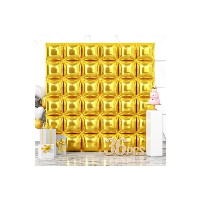 NISOCY 36PCS Gold Square Foil Balloons Wall Backdrop Metallic Double Sided Gold Christmas Balloons Tunnel Arch Kit for New Year Birthday Anniversary Graduation Party Decorations