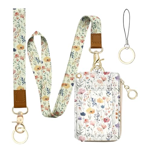 bolimoss Soporte 2 en 1 para tarjetas de identificación y cartera con cordón, cartera de cuero floral para profesores, 5 ranuras para tarjetas, bolsillo lateral con cremallera, cordón desmontable para