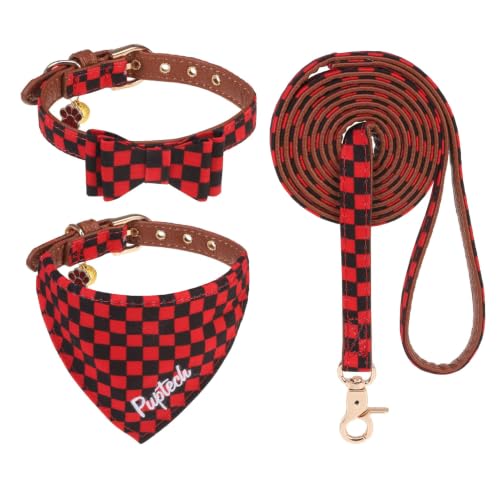PUPTECK Christmas Dog Collar and Leash Set - 3 Pack Adjustable Pet Bandana Collars with Bow Tie and Bells, Soft Leather for Small Dogs Puppies and Cats Accessories, Red&Black