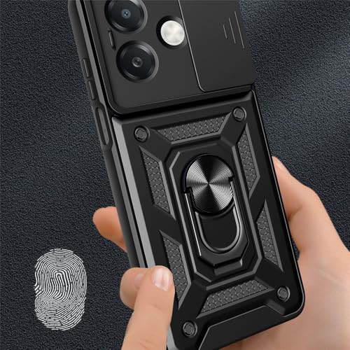 Image of Heavy Duty Back Case Cover for Oppo A3X 5G, Shockproof Oppo A3X Back Cover, Ring Case with Kickstand and Camera Protection Shutter - Black