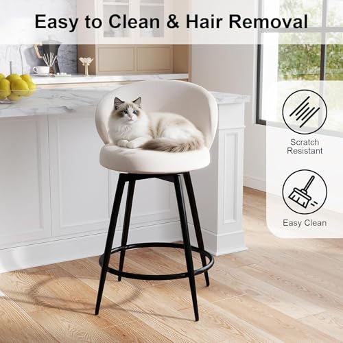 Image of Bar Stools Set of 4, 360 Swivel Breathable Fabric Kitchen Counter Height Stools, 26 inch Upholstered Bar Chair for Kitchen Islands, Restaurant, Ivory