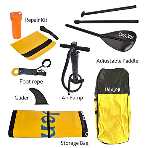 Uenjoy 11\' Inflatable Stand Up Paddle Board (6 Inches Thick) Non-Slip Deck Adjustable Paddle Backpack,Pump, Repairing kit, Yellow
