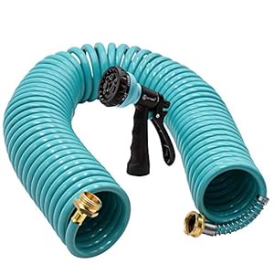 AUTOMAN Recoil Garden Water Hose 50 ft, EVA Curly Water Hose with Brass Connectors,Garden Hose Coil,Includes 7-Pattern Function Sprayer,Retractable,Corrosion Resistant Garden Coil Hose.