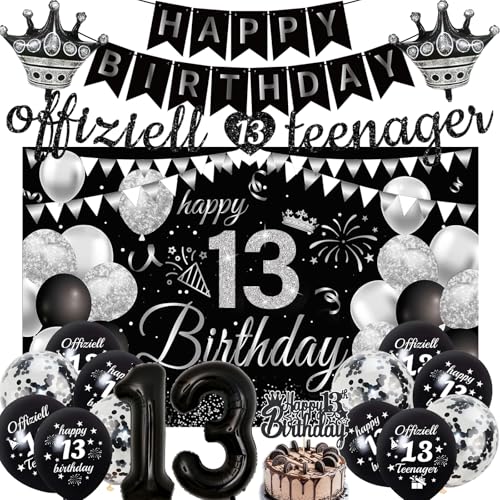 13 Geburtstag Deko Junge Ballons - 20 Stück Schwarze für 13 Jahre Teenager | Schwarze Deko für Teenager zum 13 Geburtstag Enthält Banner Hintergrundtuch Krone Folienballon und Tortendeko Ideal