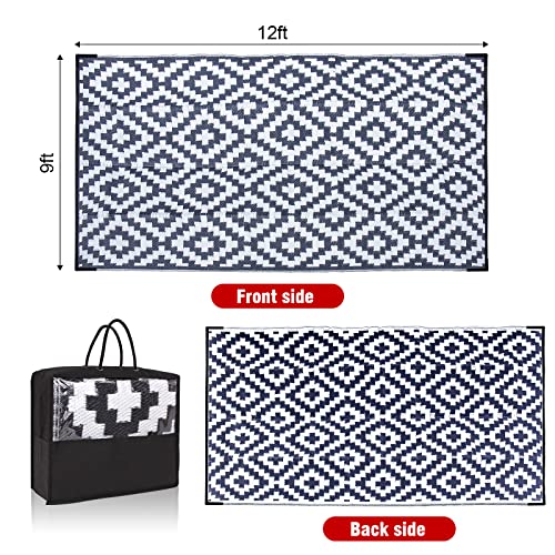 Plastic Straw Outdoor Rug Portable Waterproof Reversible Mats For Rv Trailer Camping Patio Backyard With Extra Carry Bag (9‘X12', Black And White) #TOP1