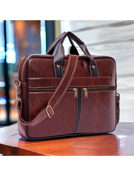 Image of Professional Business Laptop Bag,Leather Briefcase with Shoulder Strap, Multiple Compartments for Men