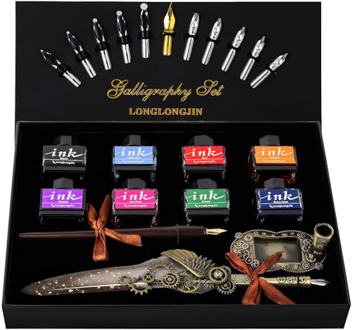 LongLongJin Calligraphy Pens and Ink Set - Calligraphy Kits for Beginners Quill Pen Includes Dip Pen 8*Colors Ink 11*Calligraphy Pen NibsGrey
