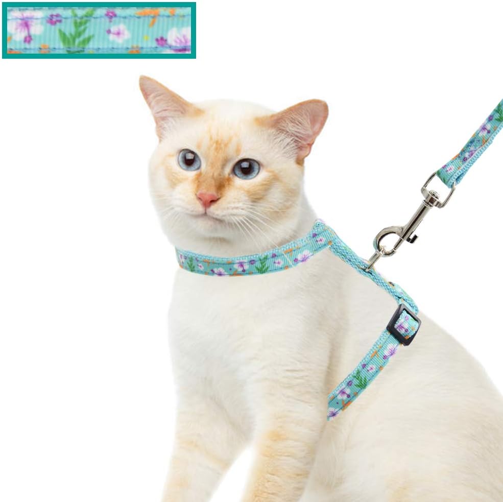 Cat Harness and Leash Set for Walking Escape Proof Kitten Adjustable H-Style Harness Floral Pattern for Spring Summer Blue