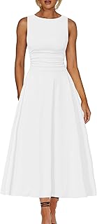 Women's Boat Neck Sleeveless A Line Maxi Dress Ruffle Flowy Casual Long Dresses
