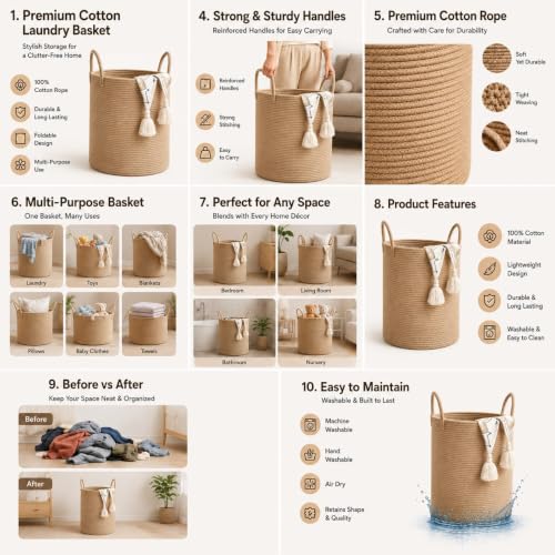 Image of Laundry Basket for Clothes | Large Cotton Rope Laundry Hamper with Handles | Foldable Storage Basket Bathroom & Living Room | Laundry Bag for Clothes | Toys & Blanket | 36 x 36 x 46 cm