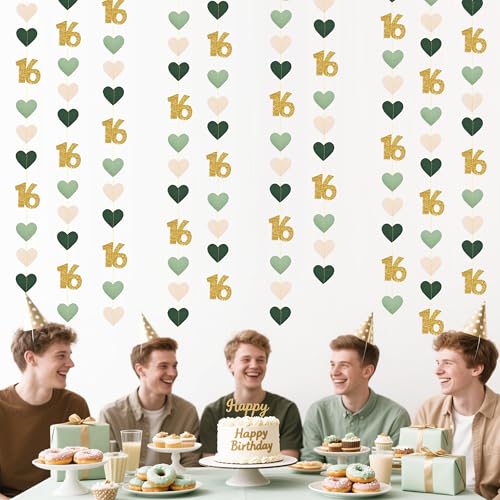 Image of Sage Green Gold 16th Birthday Decorations Sage Green Gold Heart Garland Streamer Banner Backdrop for Girls Happy 16th Birthday Sweet 16 Decorations Cheers to 16 Years Old Anniversary Party Supplies
