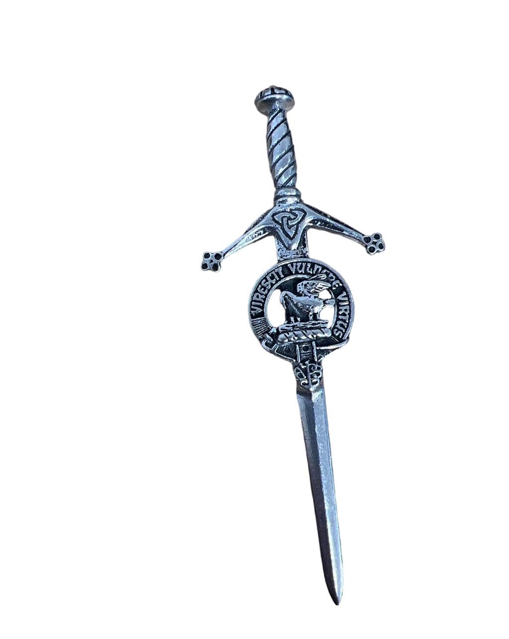 Kilts Wi HaeStewart Clan Crest Pewter Sword Kilt Pin, silver