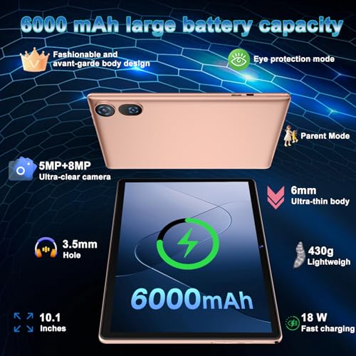 Image of DMOAO Tablet, 2026 Android 15 Tablet with Gemini AI, 10.1 Inch FHD Display, 30GB RAM 64GB ROM /1TB TF, 6000mAh Battery, Octa-Core 2.0GHz, Widevine L1, 2 in 1 Tablets with Keyboard Mouse(Gold)