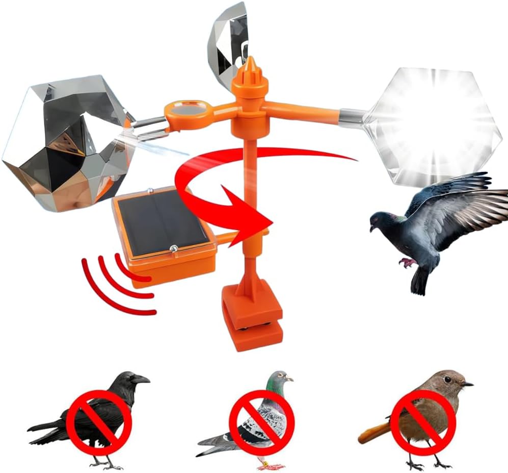 Goodern Reflect-A-Bird Deterrent With Solar Voice Scarer,360° Wind Driven Flash Bird Repellent Rhombic Polygon Reflect Spinning Reflectors Anti Defender For Garden Yard-Silver