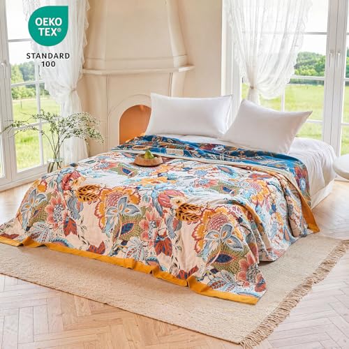 Image of MSGKV Boho Throw Blanket 90 inchx90 inch Fall Cotton Floral Blanket for Couch
