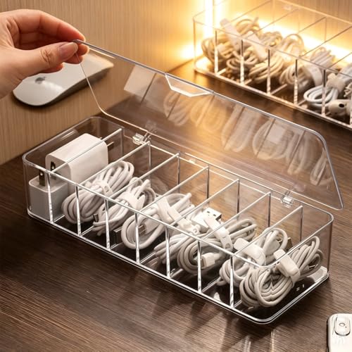 Image of 4Pcs cord organizer box with Lid, 10.2 x 3.5 x 2.2in, Desktop Cord Organizer with Compartments (4)