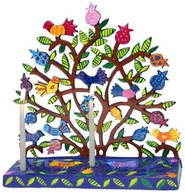 Yair Emanuel Tree of Life Menorah with Birds and Pomegranates in Lazer-Cut Metal by Yair Emanuel
