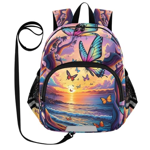 Butterfly Ocean Sunset Toddler Harness Backpack for Boys Girls 3-6 Years Kids Backpack with Anti Lost Safety Leash Baby Protection Backpack for Travel Preschool Walking