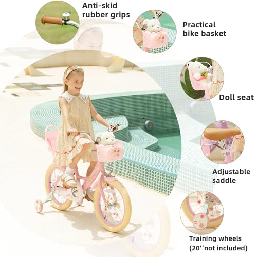 Image of Girls Bike with Basket for Toddlers and Kids Aged 3-14 Years Old, 12 14 16 18 Inch with Training Wheels & Doll Seat, 20 Inch with Kickstand & Rear Rack, Princess Style Bicycle for Gift.