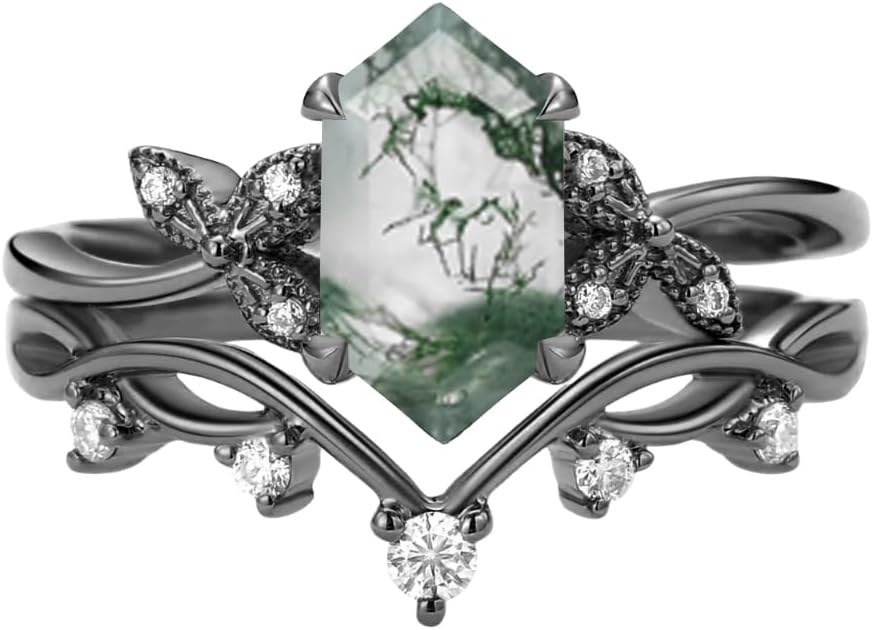 1.5 Carat Moss Agate Wedding Ring Set S925 10K 14K 18K Gold Hexagon Cut Black Gold Moss Agate with Moissanite Promise Ring for Women Birthday Christmas Jewelry Gift