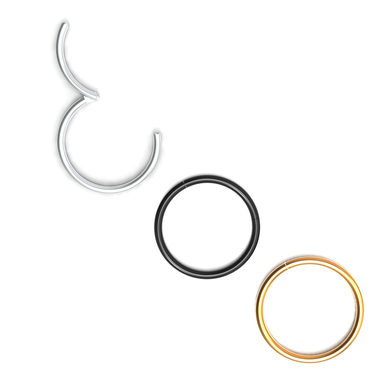 Body CAC 0.8mm/1.0mm/1.2mm/1.6mm/2.0mm/3.0mm/4.0mm/5.0mm/6.0mm Steel Hypoallergenic Clicker Hinged Nose Septum Ring Hoop with Colour Gold-Silver tone-Black-Rose gold — view 26