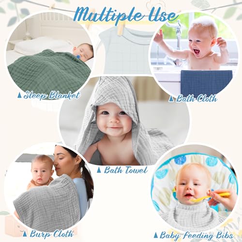 Image of VitalCozy 12 Pcs Baby Muslin Hooded Bath Towels and Washcloths, Muslin Hooded Baby Towels Absorbent Blankets for Gift Newborn Infant Shower (Green Blue Gray)
