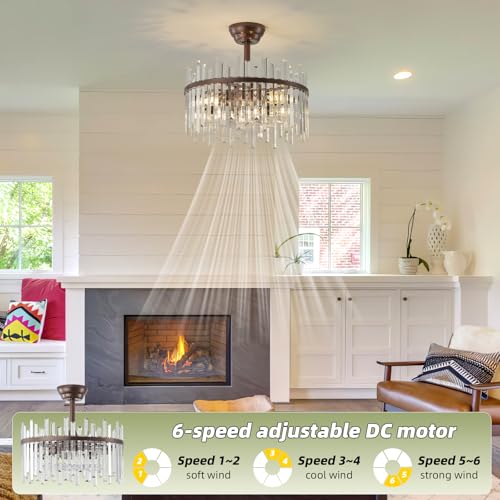 Image of Brown Fandelier Ceiling Fans with Lights, Crystal Chandelier Ceiling Fan with Light Remote Control, Mid Century with 6 Speeds for Bedroom, Living Room