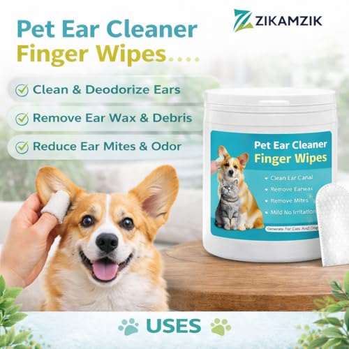 Image of Pet Ear Cleaner Finger Wipes for Dogs & Cats | Alcohol-Free Pet Ear Cleaning Wipes | 50 Pcs Disposable Finger Pads for Ear Wax Removal, Itch Relief, Odor Control & Hygiene Grooming Care