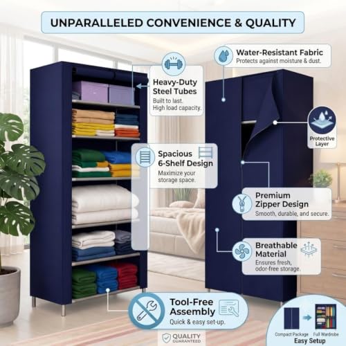 Image of YouCopia Collapsible Wardrobe 6 Shelves Storage Clothes Storage Rack Quick Wardrobe /Cabinet /Multipurpose Storage Rack, Foldable, Collapsible Fabric RollOut Fridge for Home Office (Blue, 6-Layer)