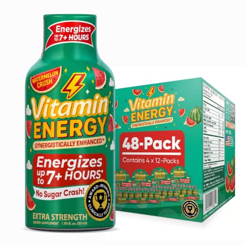 Image of Vitamin Energy Watermelon Crush Extra Strength Energy Shot, 48 Pack - Up to 7 Hrs, 260mg Natural Caffeine, Zero Sugar - Green Tea Extract, Immune Support, B12 B6 Niacin, 1.93 fl oz, Keto Vegan