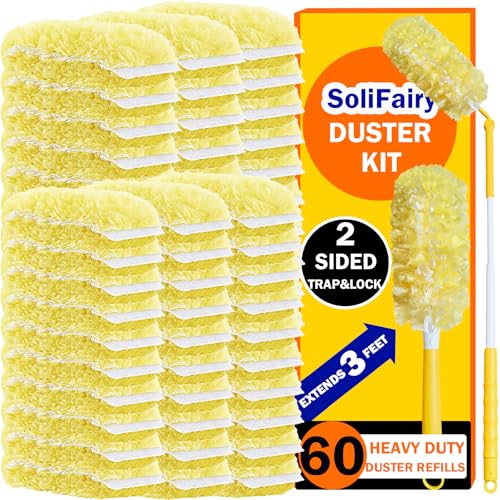 Image of 60 Heavy Duty Duster Refills for Swiffer Duster, Large, Yellow | 2 Side Extra Thick, 3 ft Handle & 1 Short Handle, Multisurface 360 Dusters kit for Dusting Furniture, Fans, Blinds, Corners
