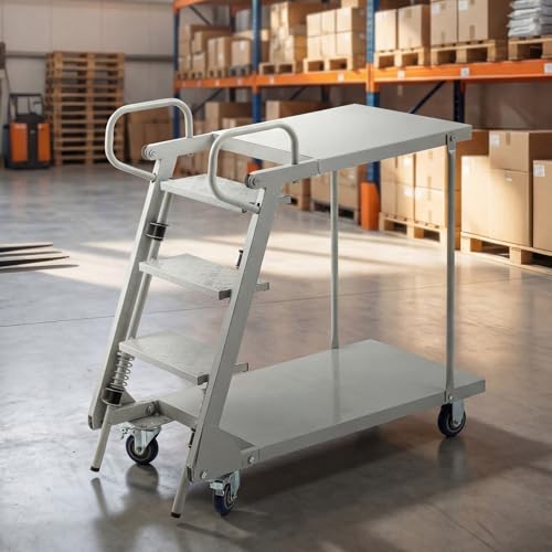 BreezeHug 3 Step Heavy Duty Rolling Ladder Mobile Supermarket Rolling Stairs with Wheels Handrails 41x20x40 Inch Steel Work Platform Cart 660lbs Capacity for Warehouse Garage Home Retail Grocery
