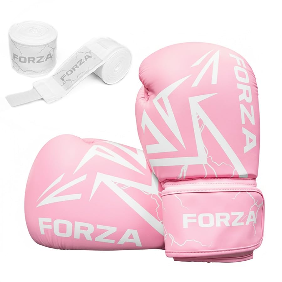 FORZA Boxing Gloves & Hand Wraps Bundle – PU Leather Training Gloves with Hand Wraps for Boxing, Kickboxing, Muay Thai & MMA – Multiple Weights, Sizes & Colours (Pink 16oz (84kg+), 4.5m)