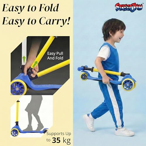 Image of STREETJAM Komiks Kids Kick Scooter for 3-12 Years, Tilt & Turn Safety Lock (1st Time in India), BIS Approved, Lean-to-Steer, Wide Deck, Adjustable Height, Up to 35 kg Load (Blue with Golden Yellow)