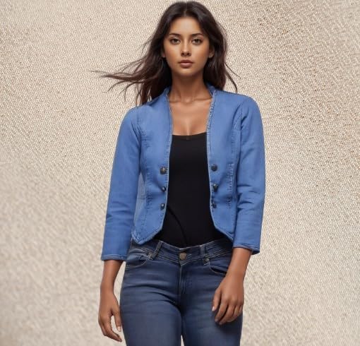 Image of Women's Blue Denim Blazer Jacket, 3 /4 Sleeves, Button Front, Casual Formal Wear